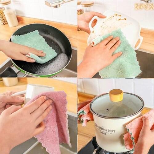 5pcs Double-layer Absorbent Microfiber Kitchen Dish Cloth Non-stick Oil Household Cleaning Wiping Towel Kichen Tool