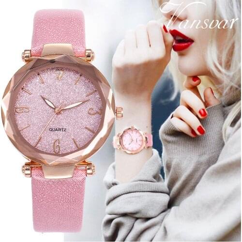 Fashion Smooth Bright Pink Women Watch Leather Belt Leisure Watch Star Sky Ladies Quartz Wrist Watches Relogio Feminino