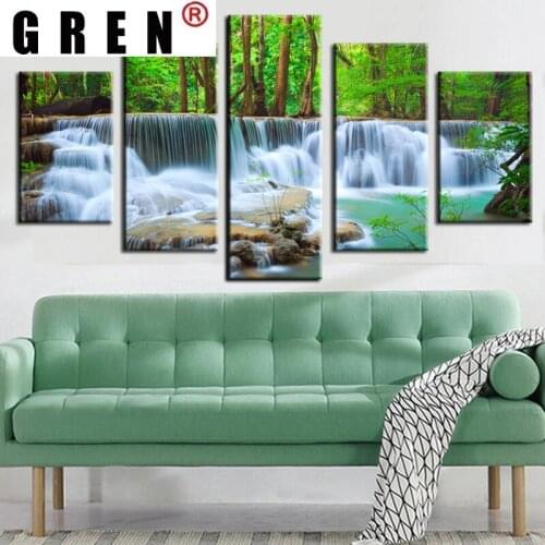GREN Cuadros 5 Panel Canvas Art Waterfall Forest Trees Rocks Modular Wall Picture Canvas Painting for Living Room Home Decor