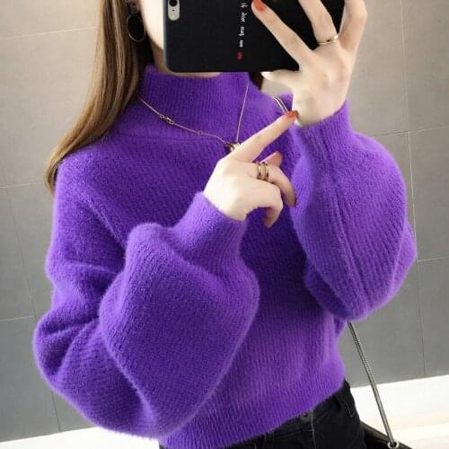 Short Sweater Purple Solid Kawaii Soft Woolen Winter Girls Mohair Autumn Pullover Lantern Sleeves Loose Cashmere Velvet knitted