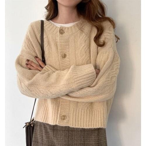 Vintage Style O-neck Short Knitted Sweaters 2021 Winter Women Cardigan Fashion Long Sleeve Knitted Crop Top Female Ropa Mujer