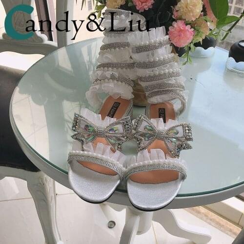 New Lolita Lace Sandals Crystal Bow Wrap Shoes Snake-Shaped Chunky Heel Roman Shoes