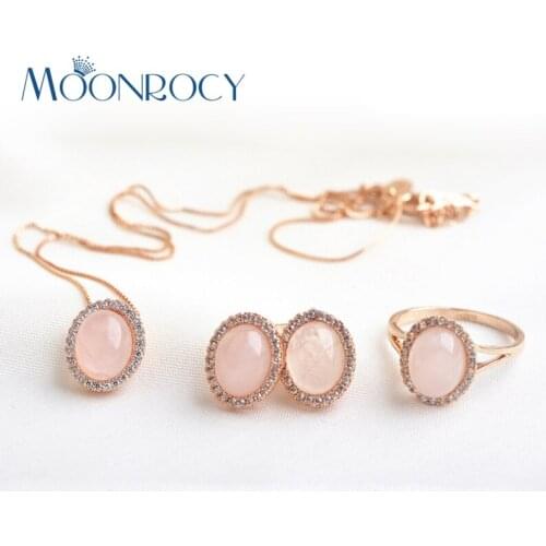 MOONROCY Free Shipping Jewelry wholesale Rose Gold Color crystal necklace earrings and ring Opal Jewelry set for women gift