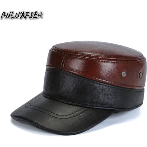 B-7183 Mens Genuine Leather Baseball Cap Adult Hip Hop Hats Mens Winter Warm Leather Hats Peaked Flat Hat Adjustable