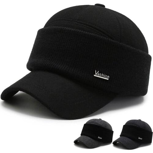 Men Winter Earflaps Hat Baseball Cap Woolen Hat Golf Hat Warm Cap Snapback Cap Visor Brim Shade Earmuffs Felt Mask Cap Sports
