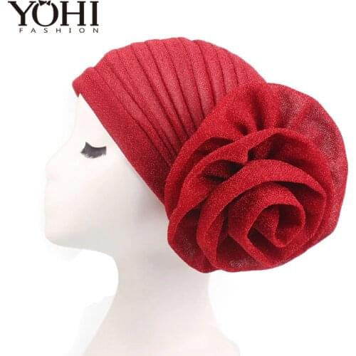 2018 New Fashion muslim hat with flower Beanie caps Shiny Shimmer Glitter Sparkly Turban Hats Hijab cap for women