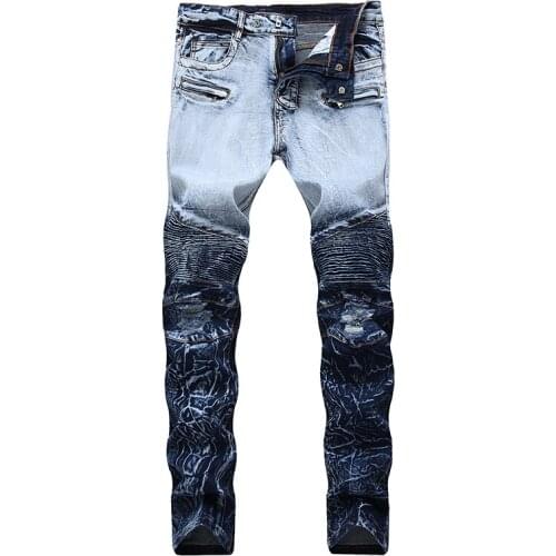 New European American mens male fashion casual motorcycle jeans zipper stretch two-colors denim pants ripped trousers