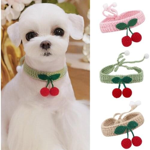 Cat Collar Handmade Wool Knitted Cat Collar Pet Necklace Comfortable Cute Kitten Collar Cherry Pendant Kitten Accessories
