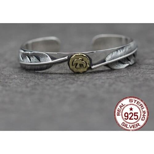 S925 Sterling Silver Open Bangle personalized retro fashion Indian feather style high-end carved simple bracelet to send a gift