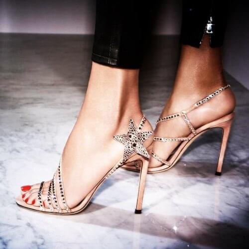 Crystal Star Decor Sandals Strappy High Heel Cut Out Sling Back Woman Dress Shoes Feminine Sexy Open Toe Summer Footwear