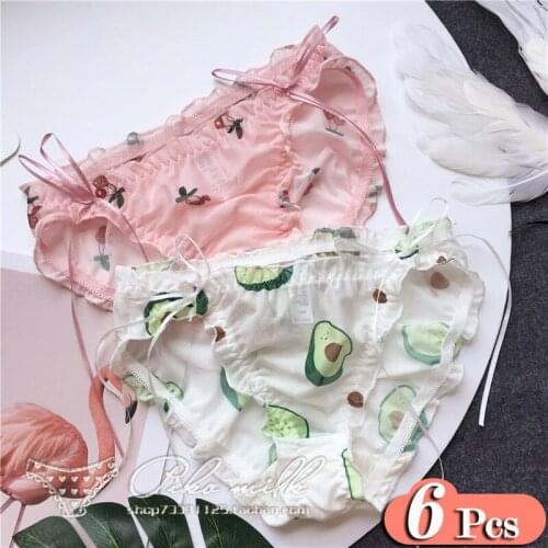 6Pcs/Lot Avocado Fruit Seamless Panties Women Sexy Underwear Micro Cute Ruffle Bows Briefs Girls Lingerie Lacing Up Thongs Set