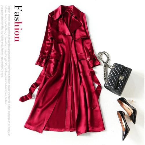 High-end Women Trench Coat Acetate Satin Bodycon Windbreaker 2021 New Korean Overcoat Lapel Fashion Spring Autumn coat
