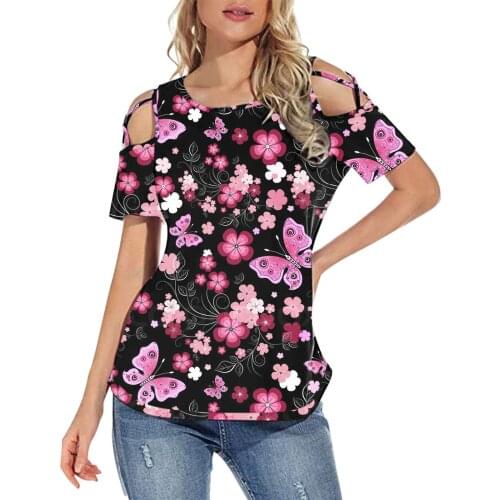 Shirt Oversize WomenS Elegant Shirt Pink Women Floral Printe Short Sleeve Strappy Cold Shoulder T-Shirt Tops топикиS топи Tops