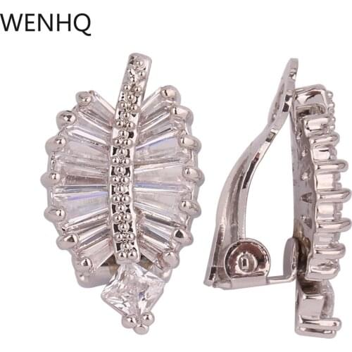WENHQ New Arrival AAA CZ Leaf Shape Clip on Earrings Not Pierced for Women Luxury Fashion Bridal Wedding Cuff Earrings Gift