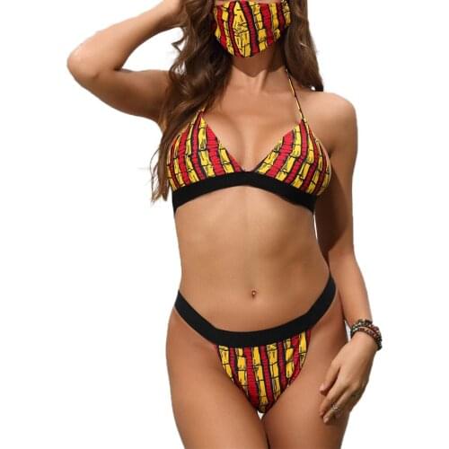 Women Stripes Pattern Sexy Backless Type Bikini Swimwear + Breathable Mouth Cover Kit Swimming Costume