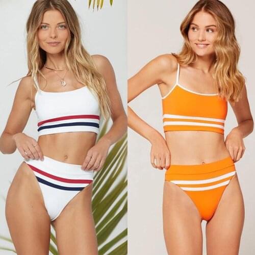 Two-piece Korean version of the new bikini sexy high-fork stripe sling split womens swimsuit college style female swimsuit