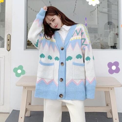 Autumn Women Midi Sweater 2020 New V-Neck Long Sleeve Jacquard Loose Cardigan Knitted Coat Female Vintage Oversize Knit Sweaters