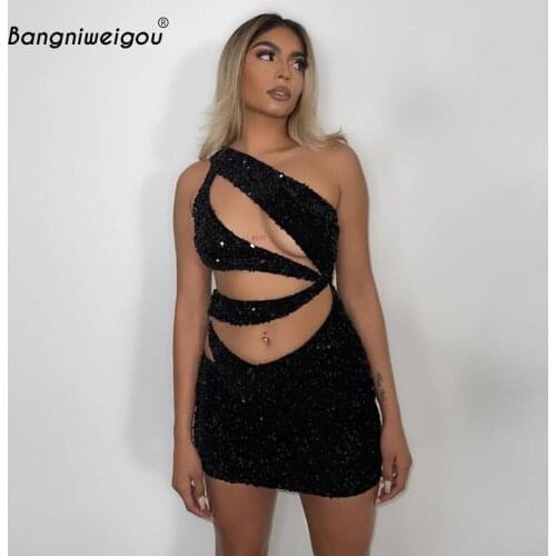 Bangniweigou hollow out inclined neck shinning mini dress women 2021 one shoulder black club y2k dress vestido de mujer