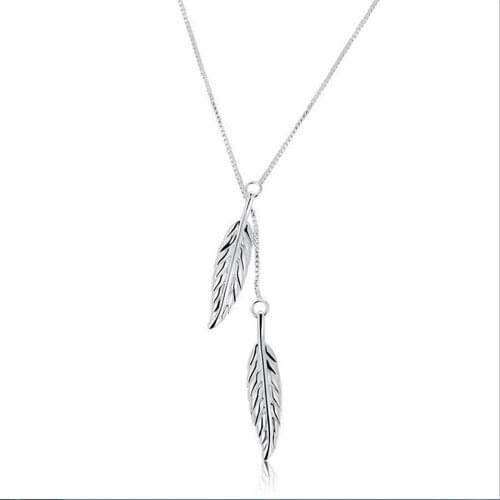 NEW Brand Designer Vintage Double Leaves Pendant Necklaces Collier 925 Sterling Silver colorChain Women Elegant Necklace