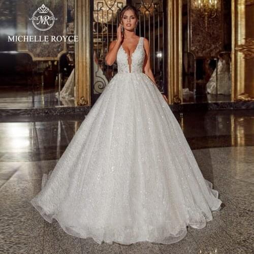 Michelle Royce A-Ling Wedding Dresses 2021 Sexy V-Neckline Sleeveless Appliques Chapel Train Bridal Gowns Vestido De Noiva
