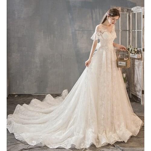 GY New Elegant Wedding Dresses Illusion Neck Applique Lace Short Sleeve A-Line With Train Trailing Bride Gowns Robe De Mariage