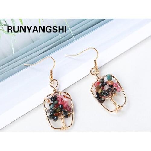 1 pair Natural Crystal Colorful Tourmaline Crystal Crushed Stone Life Tree winding silk Pendant Necklace Earrings Jewelry