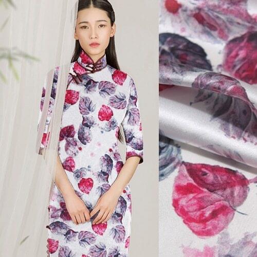 105CM Wide 20MM Gray Pink Leaves Print 95% Silk 5% Lycra Stretch Silk Satin Fabric for Blouse Dress Cheongsam C002