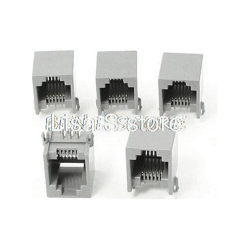5pcs 90 Degree Push in Type RJ12 6P6C Network PCB Jacks Connector Black Gray