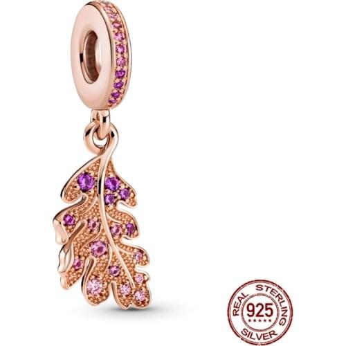 925 Sterling Silver Noble Purple Zircon Rose Gold Leaf Shape Charms Fit Original Bracelet Making Fashion DIY Jewelry For Women