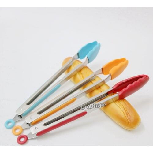 Big size 35cm stainless steel and silicone material long cake Food bread dessert clip tongs tong for kitchen cooking utensils