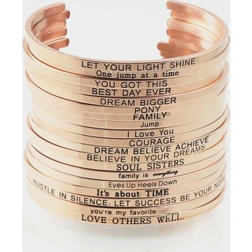 Rose Gold Engraved Positive Inspirational Quote Stainless Steel Bangles Cuff Mantra Bracelets Anniversary for Women Dropshipping