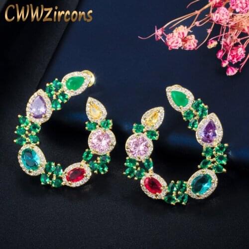 CWWZircons Unique Flower Leaf Design Elegant Yellow Gold Plated Big Round Green Emerald Earrings for Women Jewelry Gift CZ604
