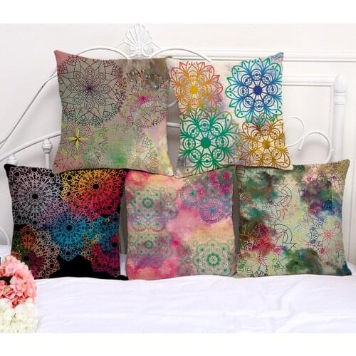 Decorative Pillow Cushion Case Mandala Flower Creative Pillowcase 17.5 Inch Cotton Linen Chair Seat Throw Pillow Cover P1090