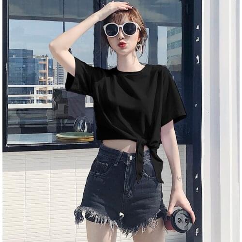 Summer Black T-shirt WOMENS Short Sleeved Ins-Music of the Tide Loose chao duan kuan Midriff-Baring Top High-waisted Base Shirt