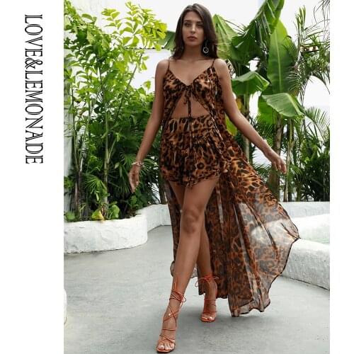 LOVE&LEMONADE Sexy Brown Two-Pieces Leopard Chiffon Beach Strap A-Line Set LM83370