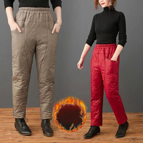 Fashion Rhombus Plus Size Down Pants Women Outdoor Ultra light Elastic Waist Harem Pants Casual Baggy Pocket Quilted Bottoms