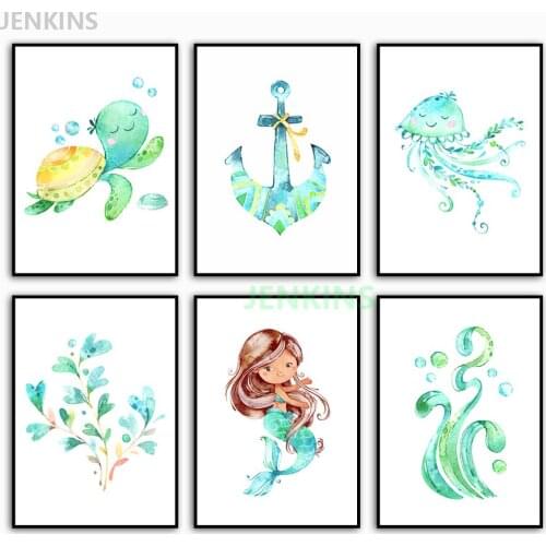 Kids Room Wall Art Nordic Mermaid Turtle Jenkins Seaweed Plants Quality Canvas Painting Poster Cute Nursery Home Decor Picture