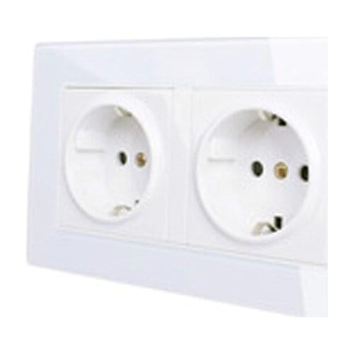 EU Standard 2 Gang Wall Power Socket, White Crystal Glass Panel, AC110V~250V 16A Wall Outlet