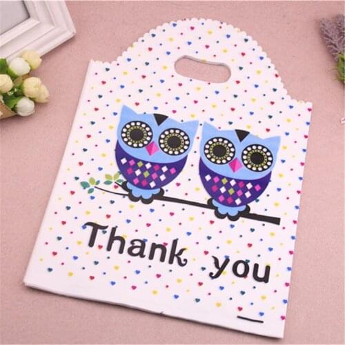 Wholesale 50pcs/lot 25*35cm Thickening Large Party Favors and Gifts Packaging Bags With OWL Thank You Plastic Gift Bags