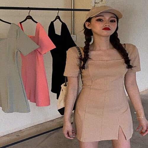 Girls Short Sleeved Square Collar Dress 2020 New Summer Tightening Waist Show Thin Temperament Bifurcate A-line Trend