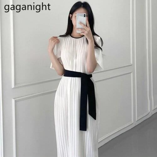 Gaganight Elegant Women White Long Party Dress Chiffon Pleated Bodycon Dress Ladies Chic Korean Vestidos Summer with Black Belt