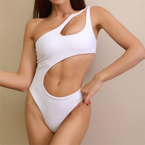 Sexy Solid Color C-Shaped Hollow Temptation Tight-Fitting OnePiece Swimsuit Lady HighQuality Unilateral Sling QuickDrying Bikini