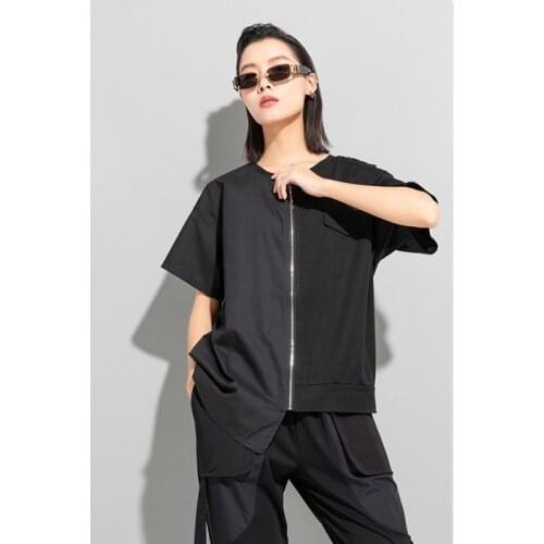 Dark black street asymmetric fashion T-shirt 2021 summer new personalized splicing zipper decoration loose top fashion