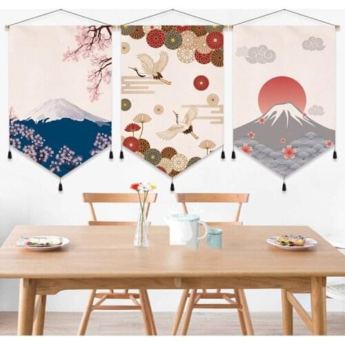 Japanese Scroll Painting Wall Art Canvas Posters Painting Wooden Hanging Painting Sunrise Printed Home Decor for Living Room