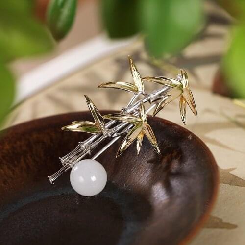 925 Sterling Silver Bamboo Brooch Jade Gold Plated Pendant Brooched For Women Jewelry Luxury Suit Pin Official Cloth Accessories