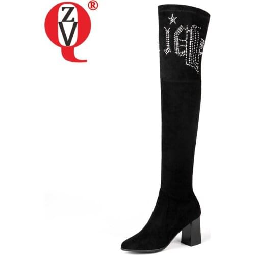 ZVQ Women Shoes 2019 New Fashion Sexy Crystal Decoration Pointed Toe Kid Suede Slip-On Black Winter Plush Warm Over Knee Boots