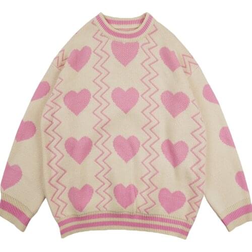 Autumn Winter Harakuju Women Lovely White Oversized Sweater O-Neck Colorful Candy Color Heart Embroidery Knitwear Pullover