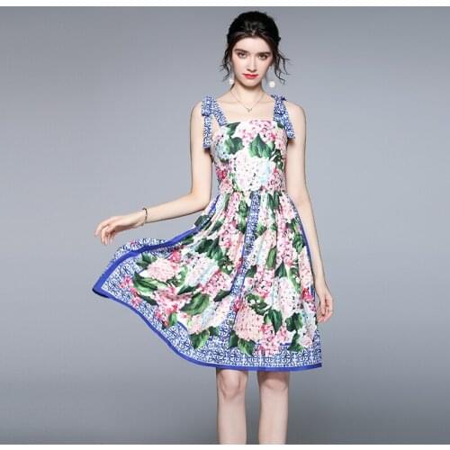 Runway Bow Spaghetti Strap backless Dress 2021 Summer Womens Backless Blue and White Porcelain Floral Print Short Dress k6826ci