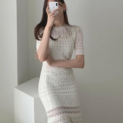 New 2021 Summer Elegant Women Dresses O-neck Two-piece set Hollow ice silk High Waist Dress Female Solid Slim Office Lady Dress