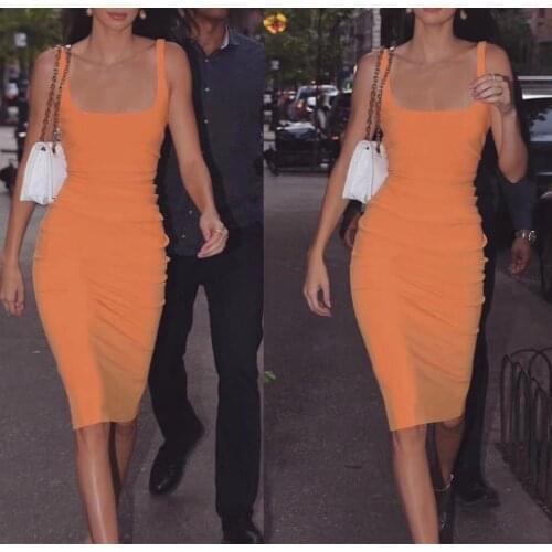 Women Dress 2021 Summer New Fashion Waist Elasticity Sexy Slim Solid Color Mid-length Suspender Dress